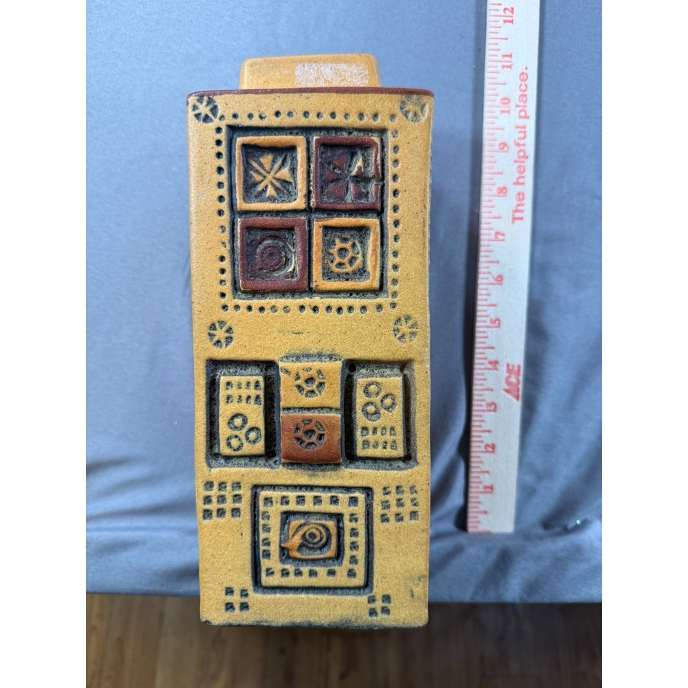 Vintage MCM Brutalist Ceramic Vase Rectangular Geometric Relief Pottery 11in